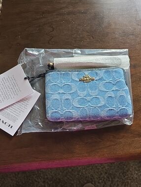Coach Blue Denim Signature Zip Wristlet with Tan Trim